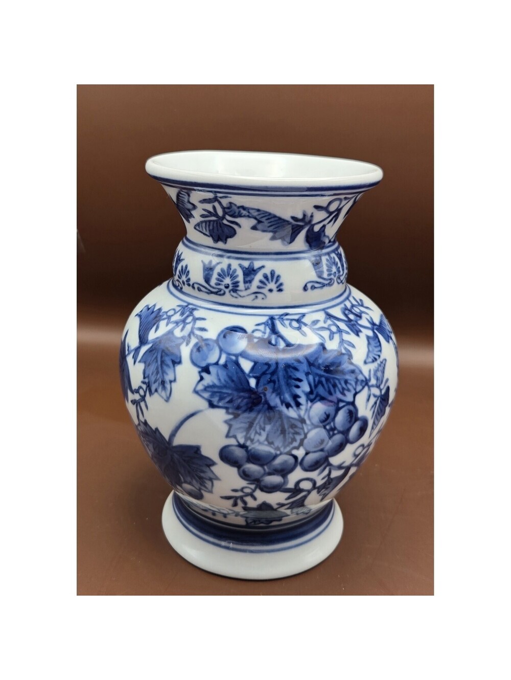 Asian  Porcelain Vase Flared Floral Cobalt Blue Hand‎ Painted On White 5.5" Tall
